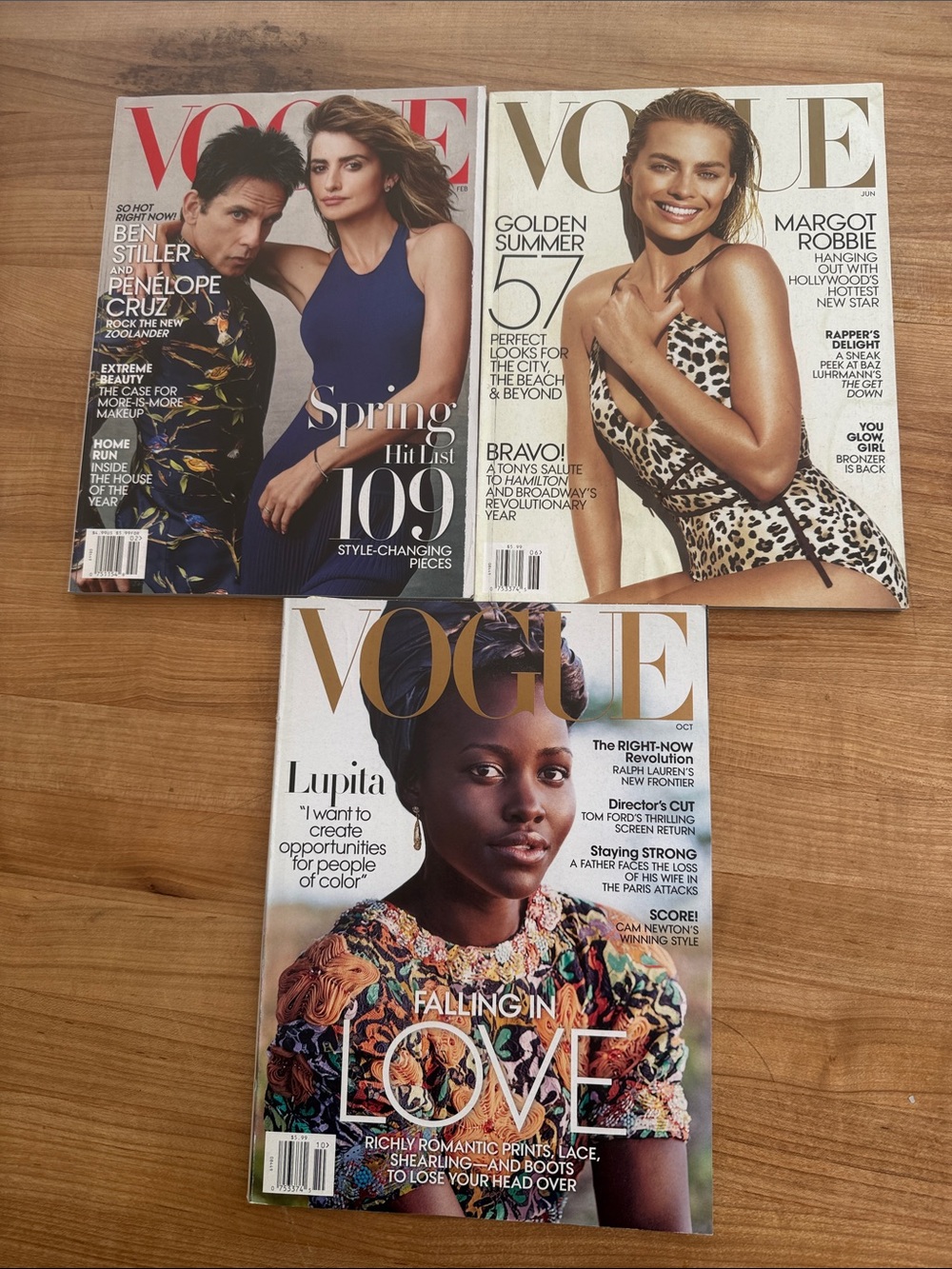 Set of 3 Vogue Magazines - Ben Stiller, Penelope Cruz, Margot Robbie, Lupita
